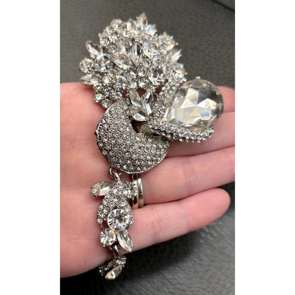 HUGE Crystal Rhinestone Statement Brooch Pin Silver Tone Teardrop Dangle